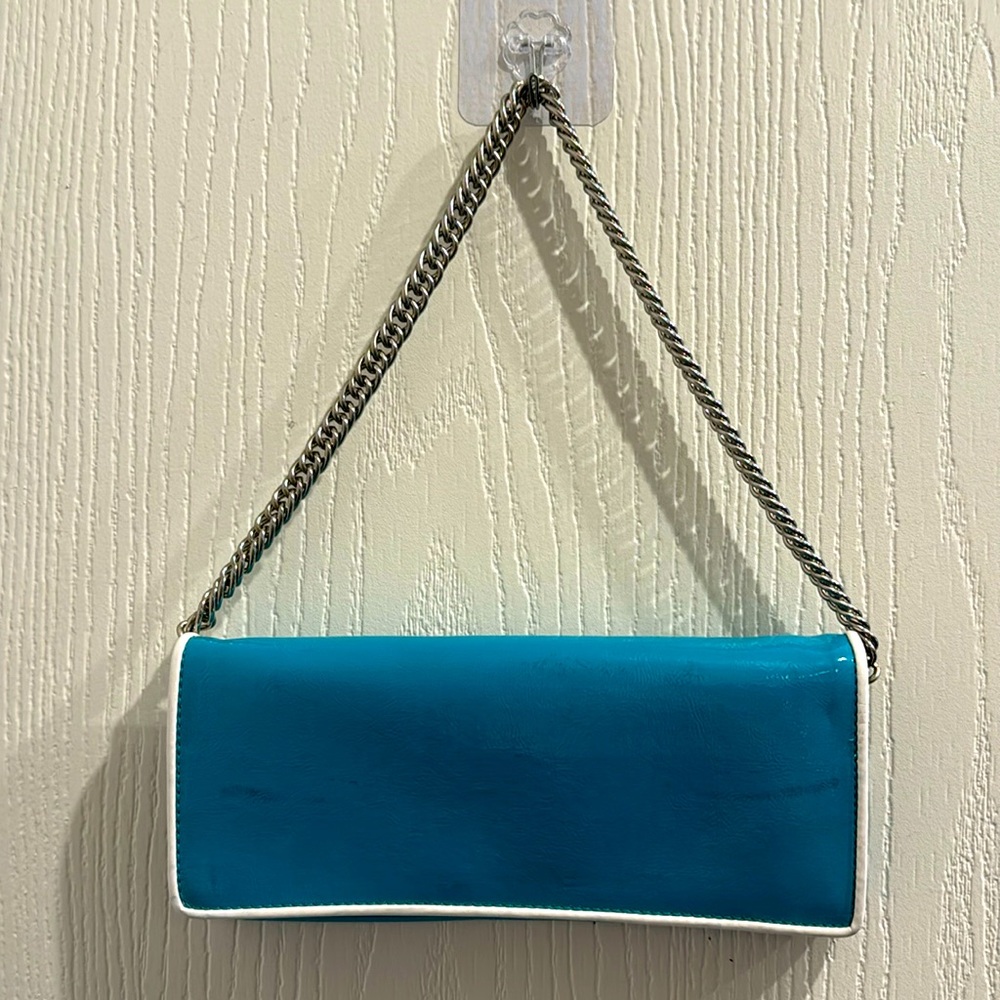 Used teal and white Ann Taylor clutch